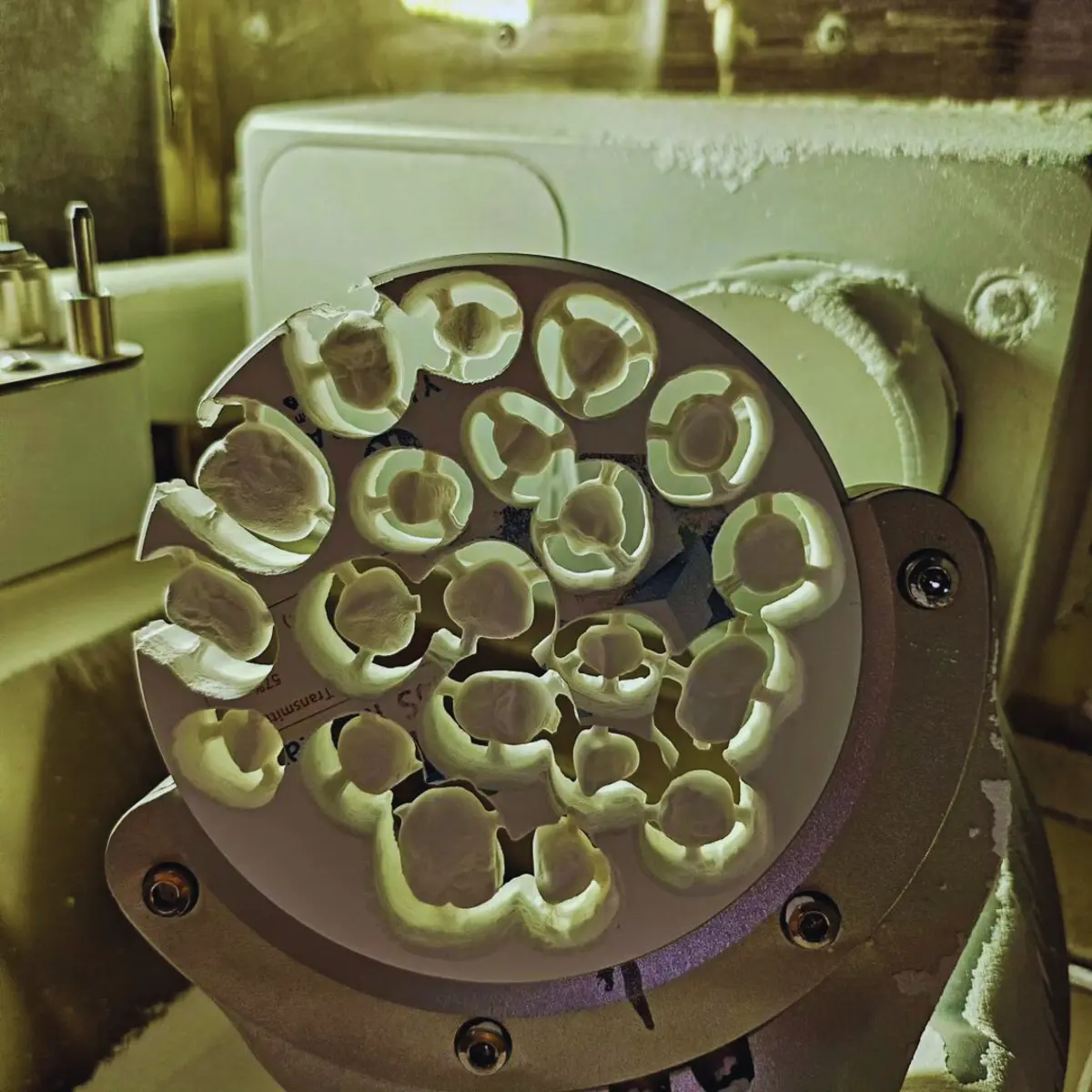 Disco de zirconia lleno de coronas talladas en el laboratorio dental